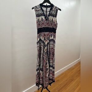 432. Bila Cream Navy Red Patterned Boho Maxi Dress